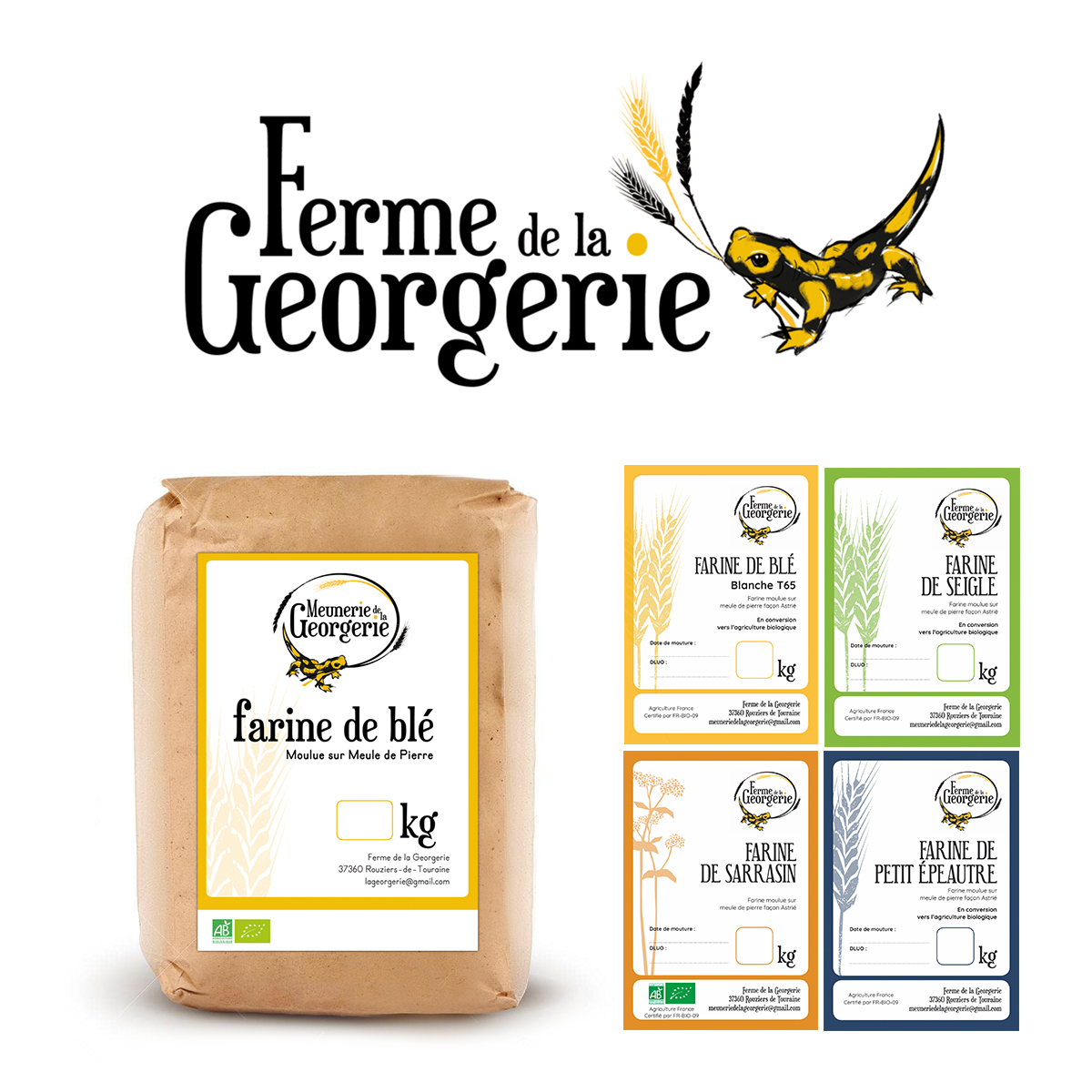 Logo et étiquettes farine Ferme de la Goergerie bio Nepsie - graphiste Illustratrice Tours et Amboise