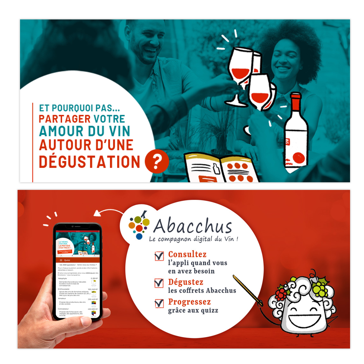 Charte graphique et direction artistique pour le site Abacchus (bannières, logo, picto, print et web) Nepsie - graphiste Illustratrice Tours et Amboise