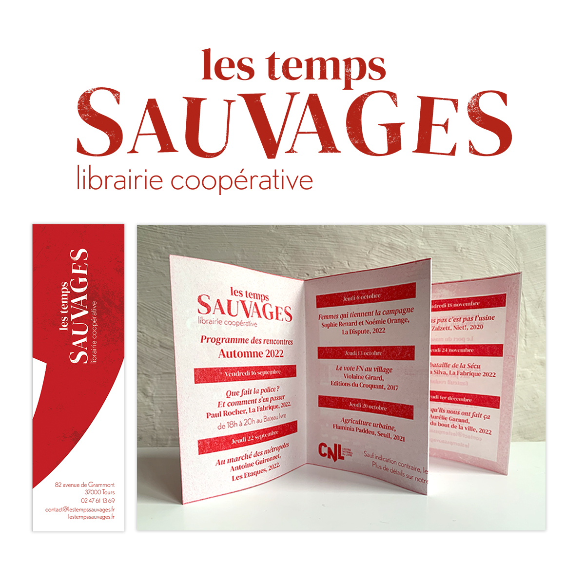 Logo et programme pour la librairie Les temps sauvages Nepsie - graphiste Illustratrice Tours et Amboise